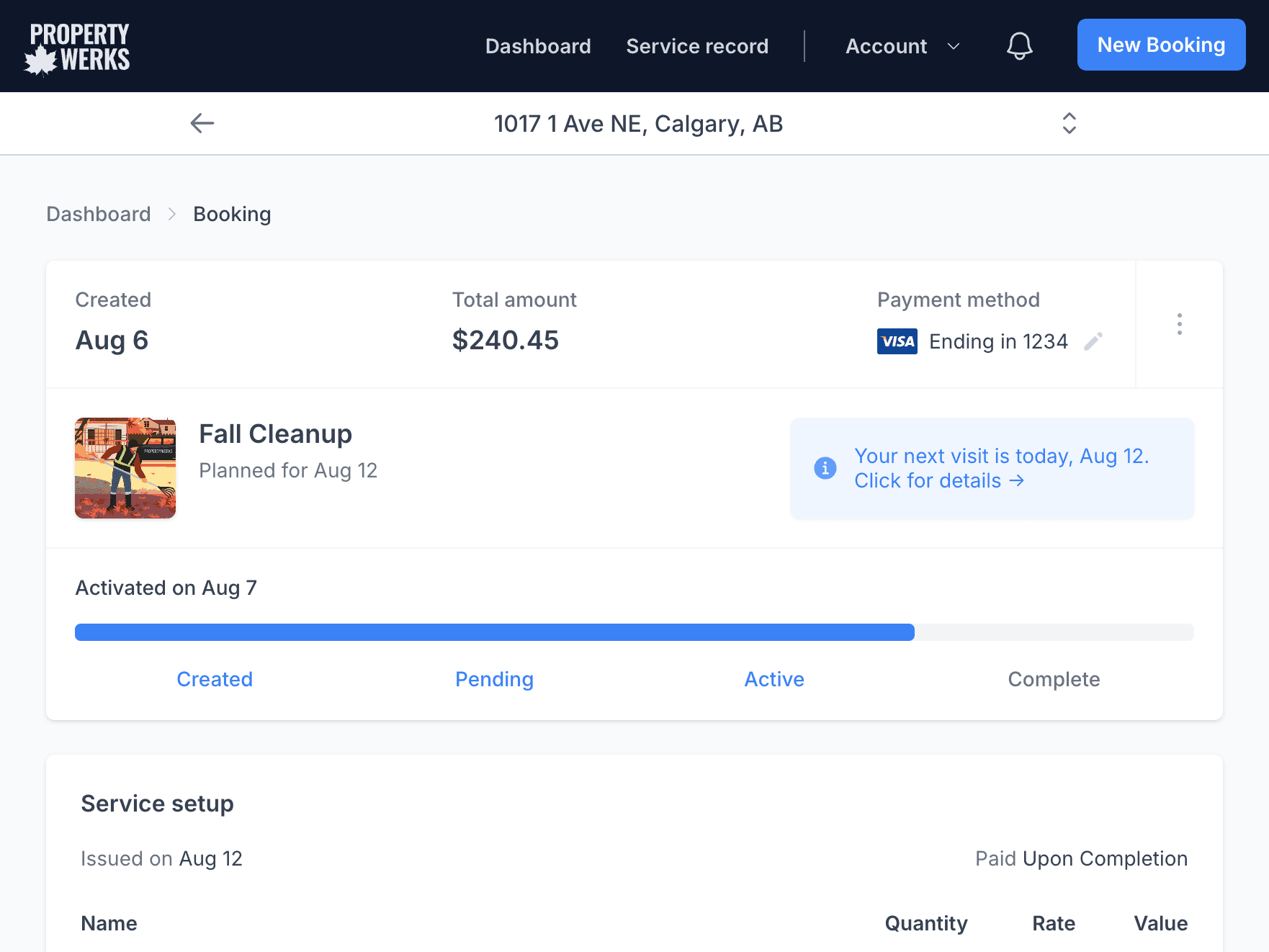 A fall cleanup booking in the Propertywerks app