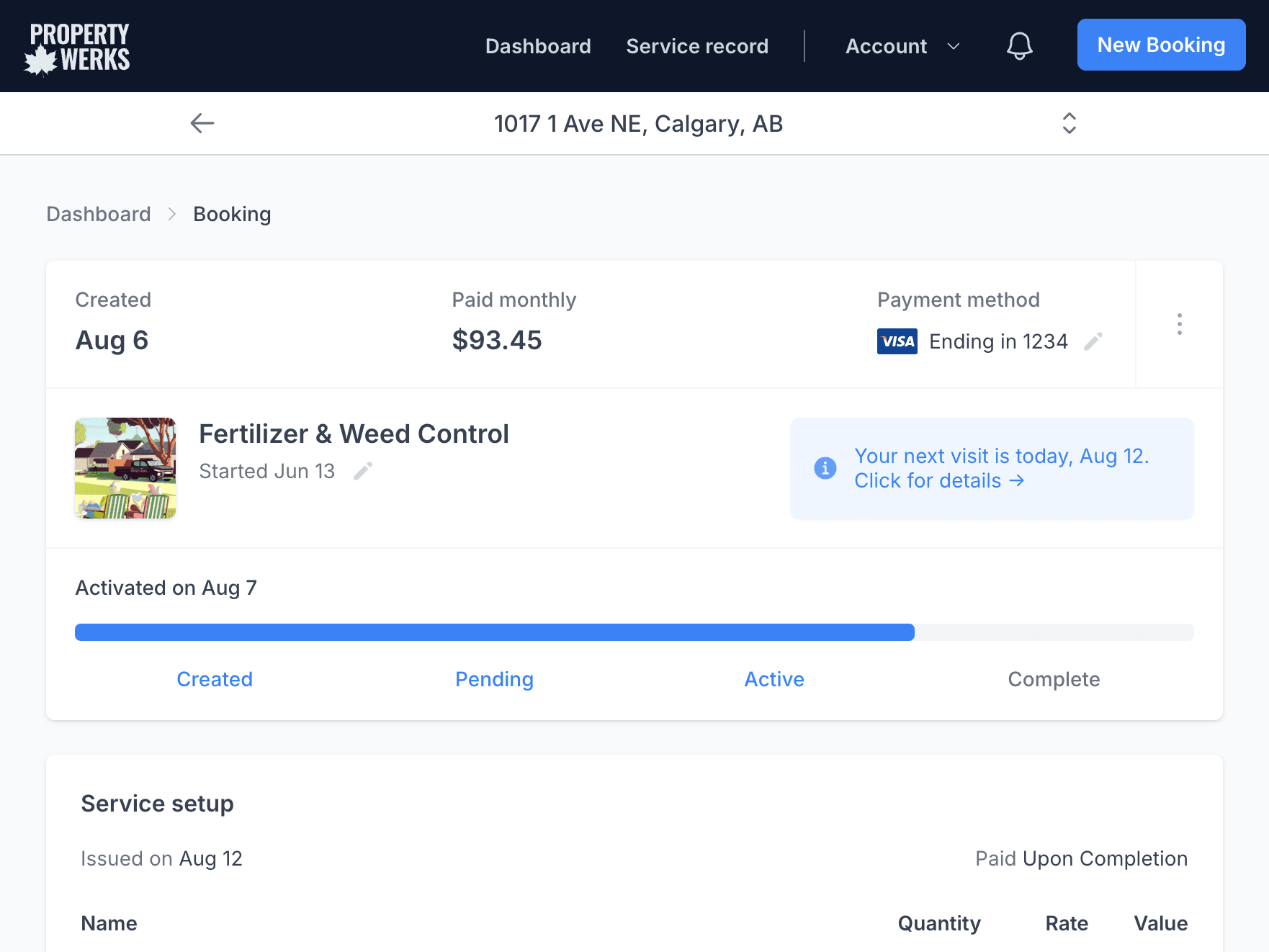 A fertilizer and weed control booking in the Propertywerks app