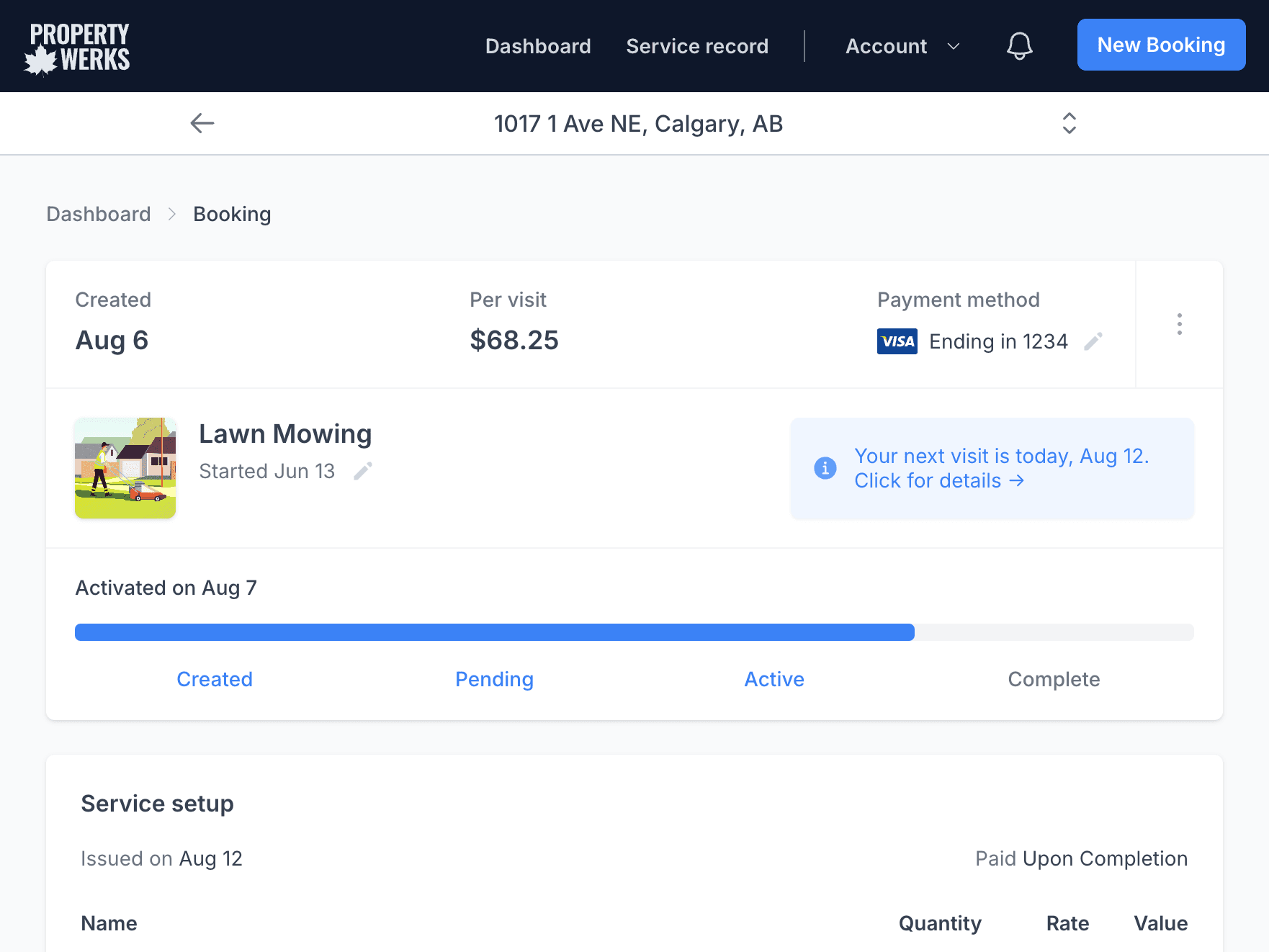 A lawn mowing booking in the Propertywerks app