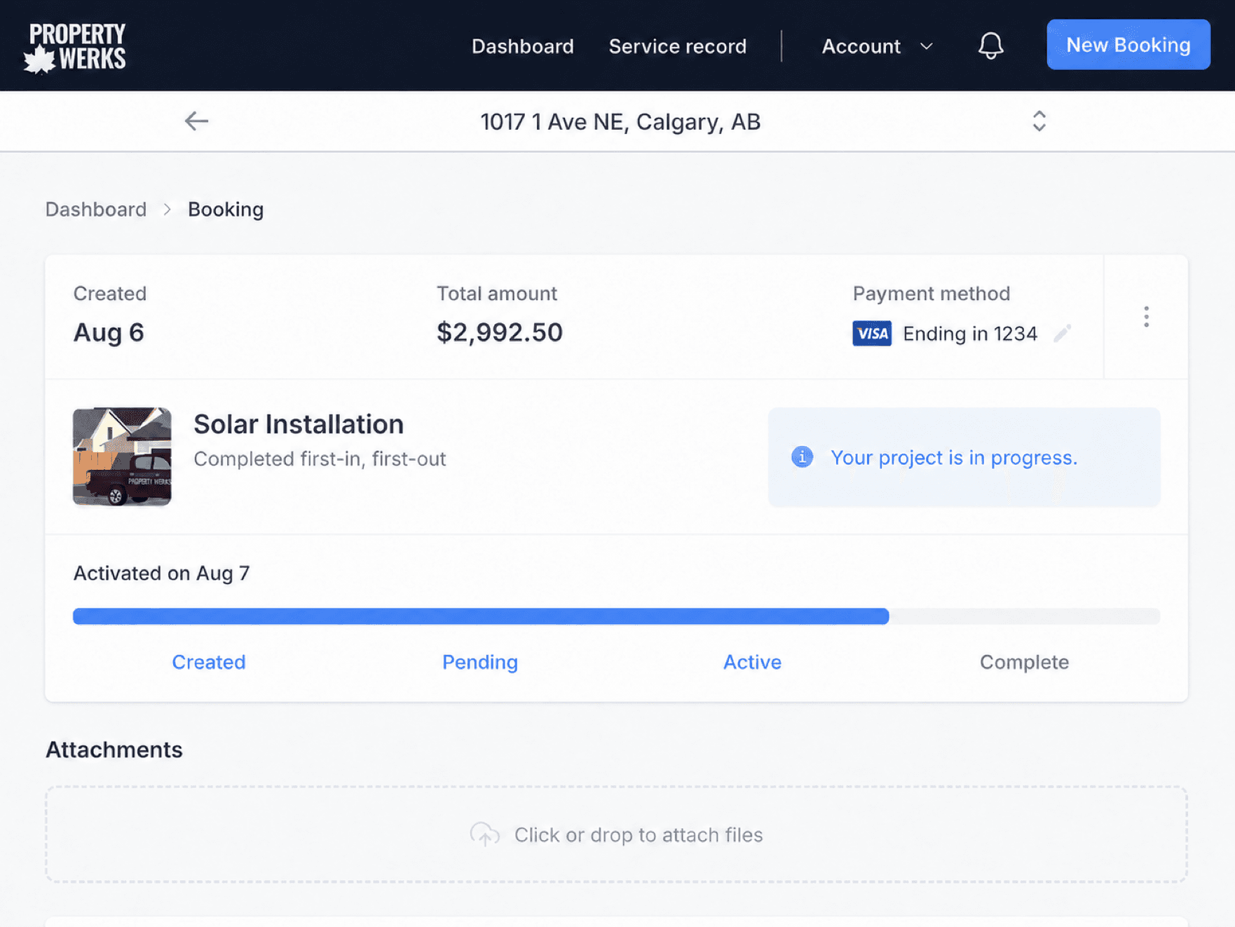 A solar project booking in the Propertywerks app