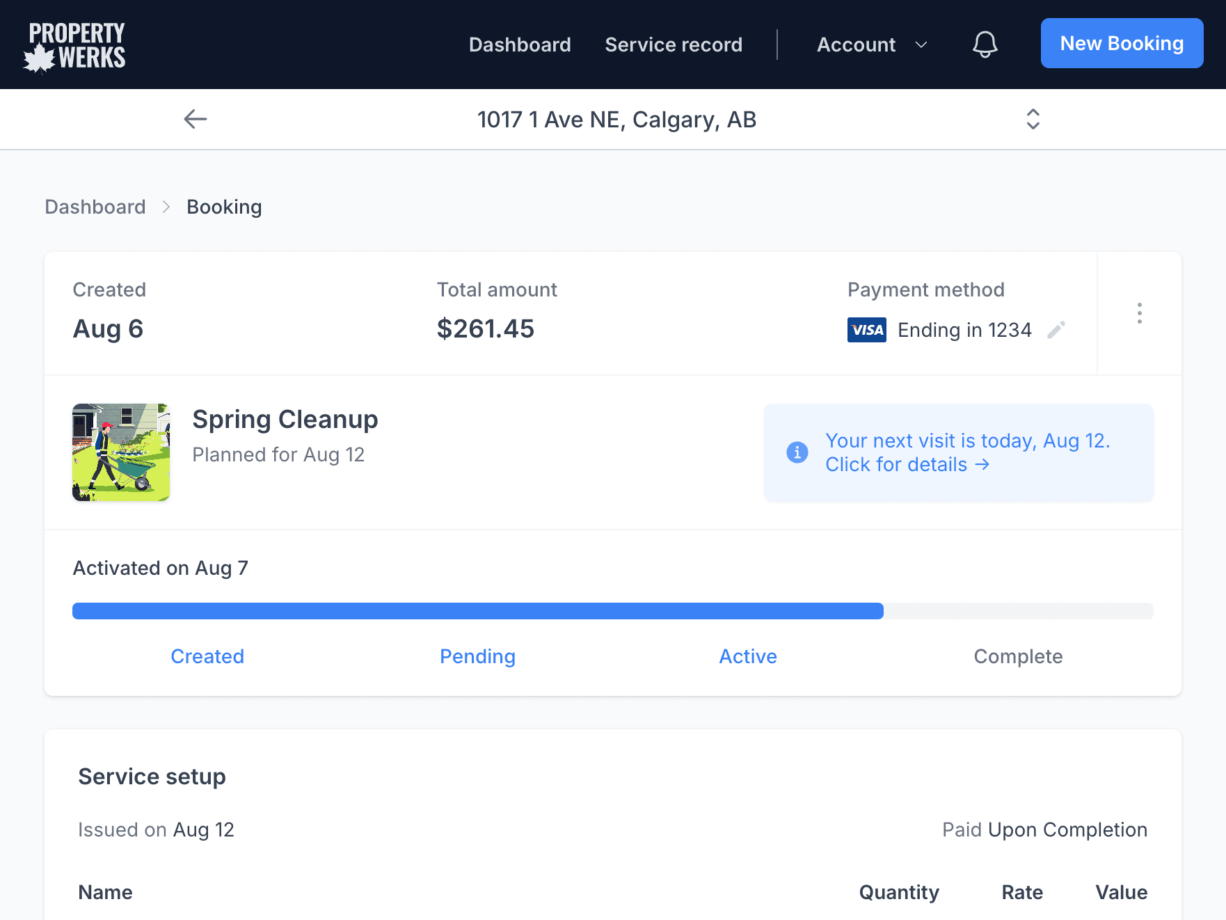 A spring cleanup booking in the Propertywerks app